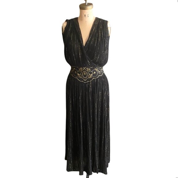 Vintage black and gold metallic Goddess sun dress, cotton, gauzy, long - Picture 1 of 15
